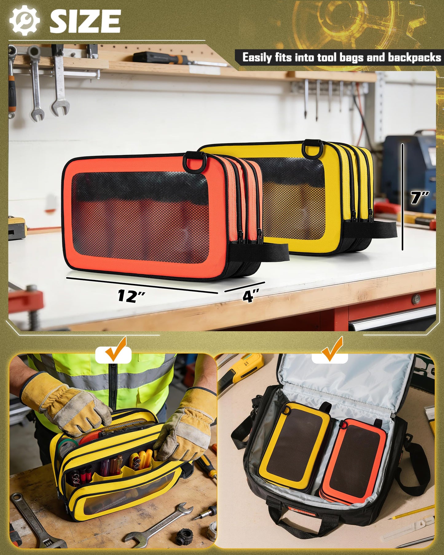 Marscamd 2 Pack Tool Pouch with Dual Compartments, 12” Tool Bag with Detachable Shoulder Strap, Carry Handle and Translucent Window, Orange-red/Yellow