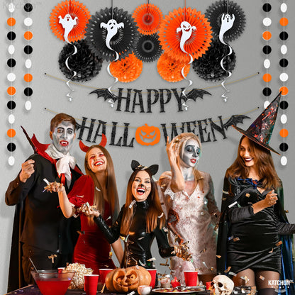 KatchOn, Hanging Halloween Decorations Set - Pack of 17 | Glittery Happy Halloween Banner, Garlands, Ghost Hanging Swirls, Orange Pumpkin, Paper Fan, Spooky | Halloween Decor Hanging Swirls