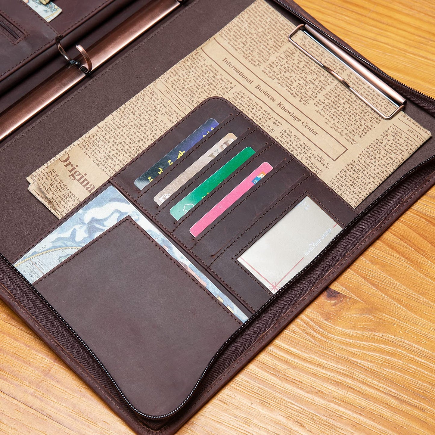 YIWEN Handmade Leather Portfolio with Handle, 3 Ring Binder, Zippered Padfolio for 13" Tablet, 8.5 x 11 Notepad, Professional Business Document Organizer (Dark Brown, Crazy Horse Leather)