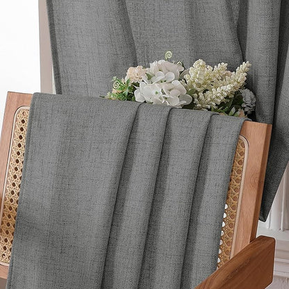 Tollpiz Linen Curtain Bedroom Rod Pocket Semi Sheer Curtains Burlap Light Filtering Thick Linen Drape for Living Room, 38 x 84 inches Long, Dark Grey, Set of 2 Panels