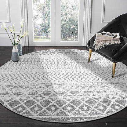 Grey Round Rug for Living Room, 5ft Soft Non-Slip Circle Large Area Rug, Modern Geometric Washable Dining Room Mat Throw Rug for Dorm Bedroom Nursery Entryway