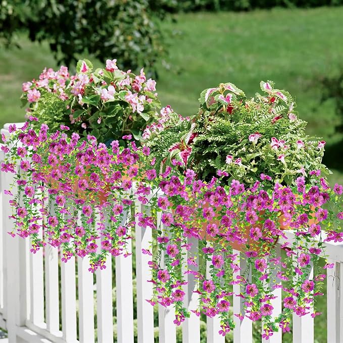 Artificial Fake Hanging Flowers Plants for Outdoor Spring Summer Decoration, 4pcs Faux Silk Realistic UV Sun Resistant Daisy for Outside Porch Patio Window Box Yard Home Decor (Purple)