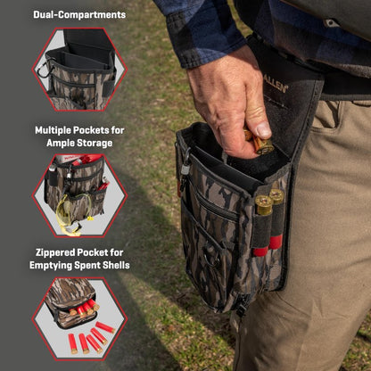 Allen Company Triumph Double Compartment Range Shell Bag - Holds 2 Boxes of 12-Gauge Shells - Spent Hull Dump Pouch, Adjustable Waist Belt & Extra Storage for Trap, Skeet & Clay Shooting - Mossy Oak