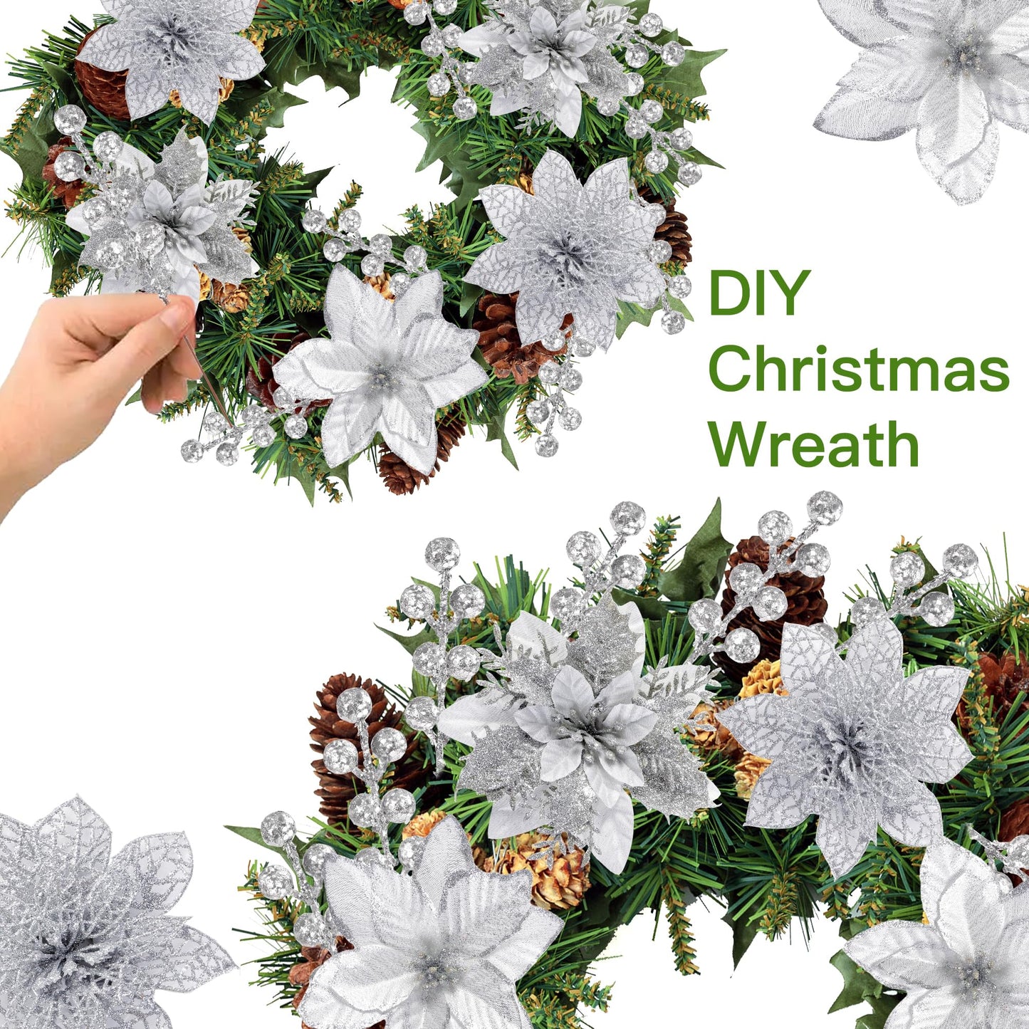 Sggvecsy 30 Pcs 3 Styles Christmas Glitter Poinsettia Flowers Artificial Berry Picks Christmas Tree Ornaments Artificial Christmas Flowers with Clips for Xmas Wreath Wedding Floral Decorations(Silver)