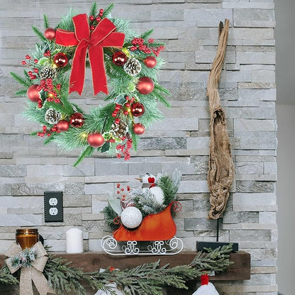 YULETIME 20" Pre-Lit Christmas Wreath, Battery Operated with 10 Fairy Lights Holiday Wreath, Red Bowknot & Baubles, Pine Cones, Red Berries, Green Leaves Holly, Spruce Branches, Pine Needles