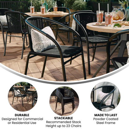 Flash Furniture Lila Modern Rattan Indoor/Outdoor Stackable Dining Chairs, Stacking Rattan Bistro Chairs for Patio or Restaurant, Set of 4, Black