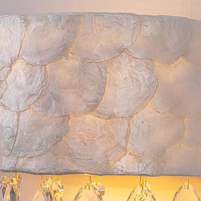 2-Lights Capiz Shell Crystal Wall Sconces, Coastal Design Indoor Wall Lamp, Vanity Wall Mount Light Fixture for Bathroom, Hallway, Bedroom, Shell Lampshade, Crystal Pendants & Gold Finish