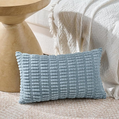 Fancy Homi 1 Pack Boho Light Blue Decorative Throw Pillow Covers 14x24 Inch for Couch Bed Sofa, Rustic Modern Farmhouse Home Decor, Soft Plush Corduroy Cute Rectangle Cushion Case 35x60 cm
