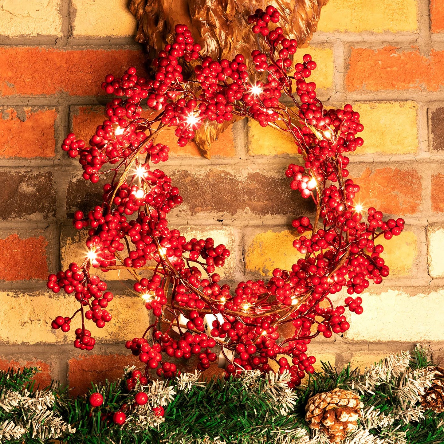 Syhood Christmas Berry String Garland with Lights Thanksgiving Artificial Lighted Garland for Home Xmas Winter Tree Decor Office Fireplace Mantel Decoration Holiday Valentines, 6 Ft (Red,1 Pc)