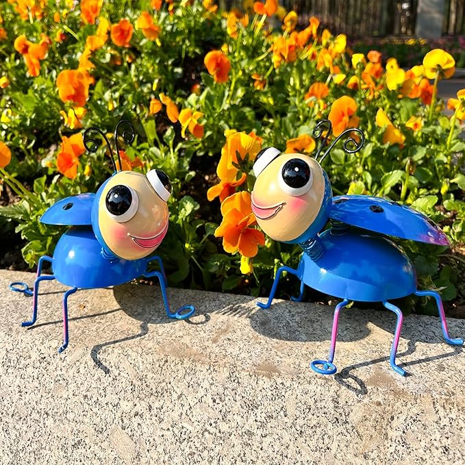 Metal Yard Art Garden Decor for Outside Cute Blue Ladybugs Lawn Patio Ornaments Backyard Decorations Garden Gifts for Mom - Set of 2