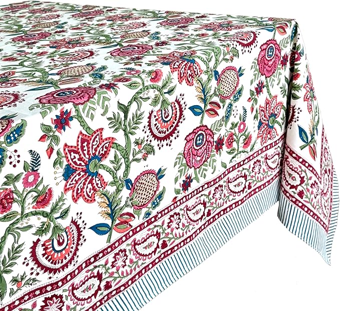 ATOSII Ruby 100% Cotton Rectangle Summer Tablecloth, Block Print Floral Table Cloth for Dining Table, Parties, Weddings, Outdoors Grand Millenial Decor I 60 X 90 Inches I 6 Seater I