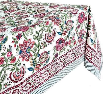 ATOSII Ruby 100% Cotton Rectangle Summer Tablecloth, Block Print Floral Table Cloth for Dining Table, Parties, Weddings, Outdoors Grand Millenial Decor I 60 X 90 Inches I 6 Seater I