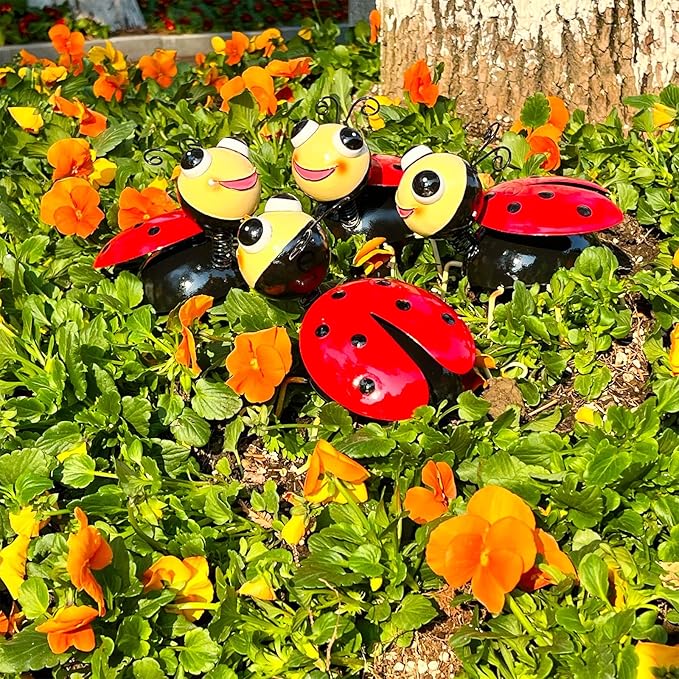 Metal Yard Art Garden Decor for Outside Cute Red Ladybugs Lawn Patio Ornaments Backyard Decorations Garden Gifts for Mom - Set of 4