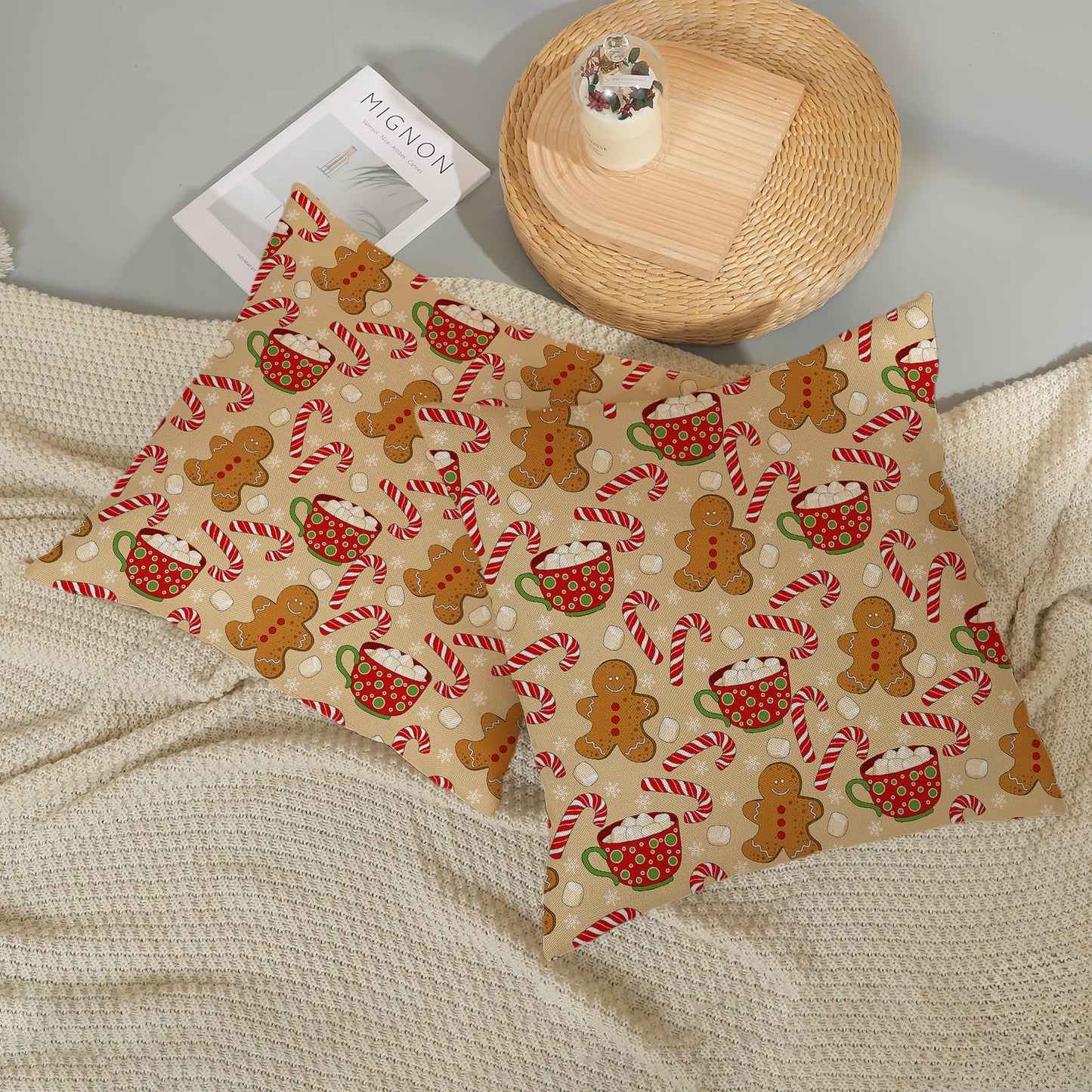 JEFERSO Christmas Pillow Covers 20x20 Set of 2 Gingerbread Man Candy Cane Snowflake Throw Pillows Outdoor Christmas Decorations Pillowcase Winter Farmhouse Holiday Decor Cushion Covers for Couch Home