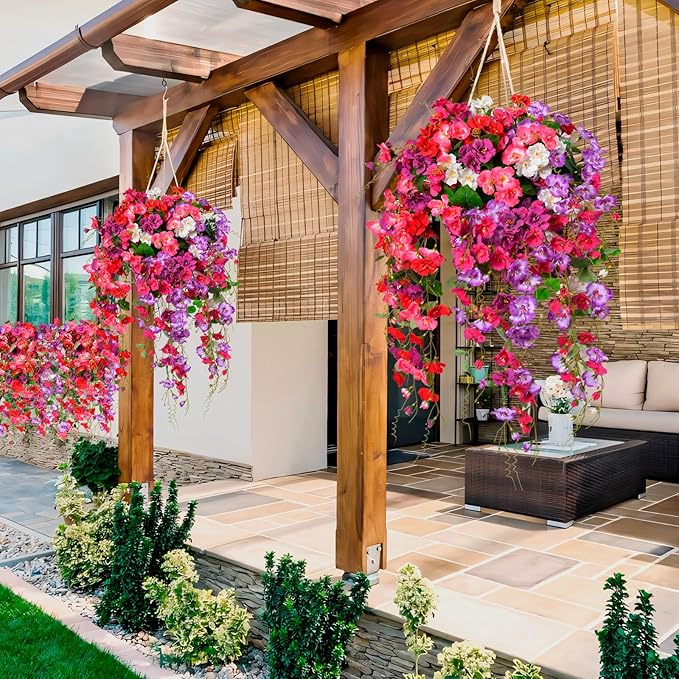 Artificial Flowers for Outdoors 3 Pack Fake Hanging Plants with Faux Hibiscus Flowers Summer Fall Decor UV Resistant Silk Leaves for Indoor Outdoor Front Door Porch Patio Planter Decor