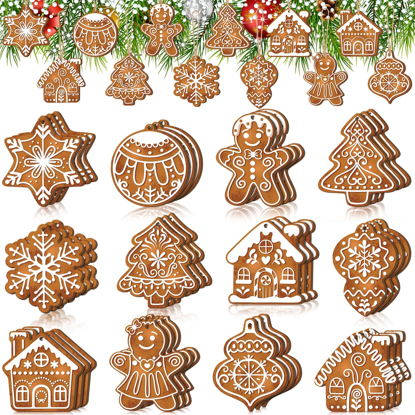 Quzzil 36 Pcs Christmas Gingerbread Ornaments for Tree Mini Snowflake Wooden Hanging Winter Xmas Ornaments with Ropes for Christmas Party Holiday Winter Crafts(Brown,36 Pcs,Gingerbread)