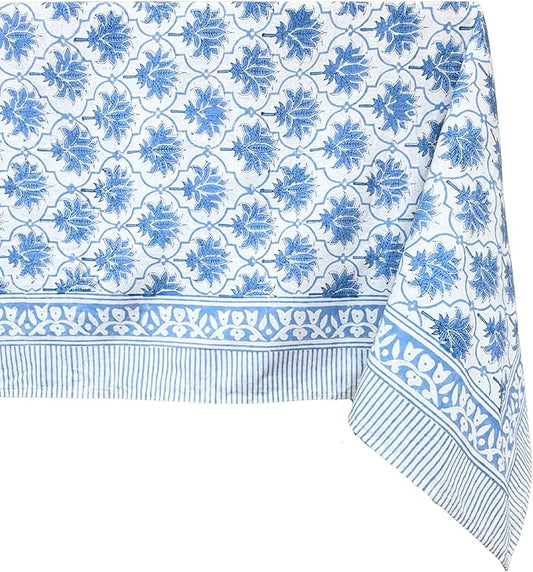 ATOSII Padma Blue 100% Cotton Rectangle Summer Tablecloth, Indian Block Print Floral Table Cloth I Dining Parties Weddings Outdoors Holidays 60 X 90 Inches, 6 Seater I Grandmillennial Farmhouse Boho