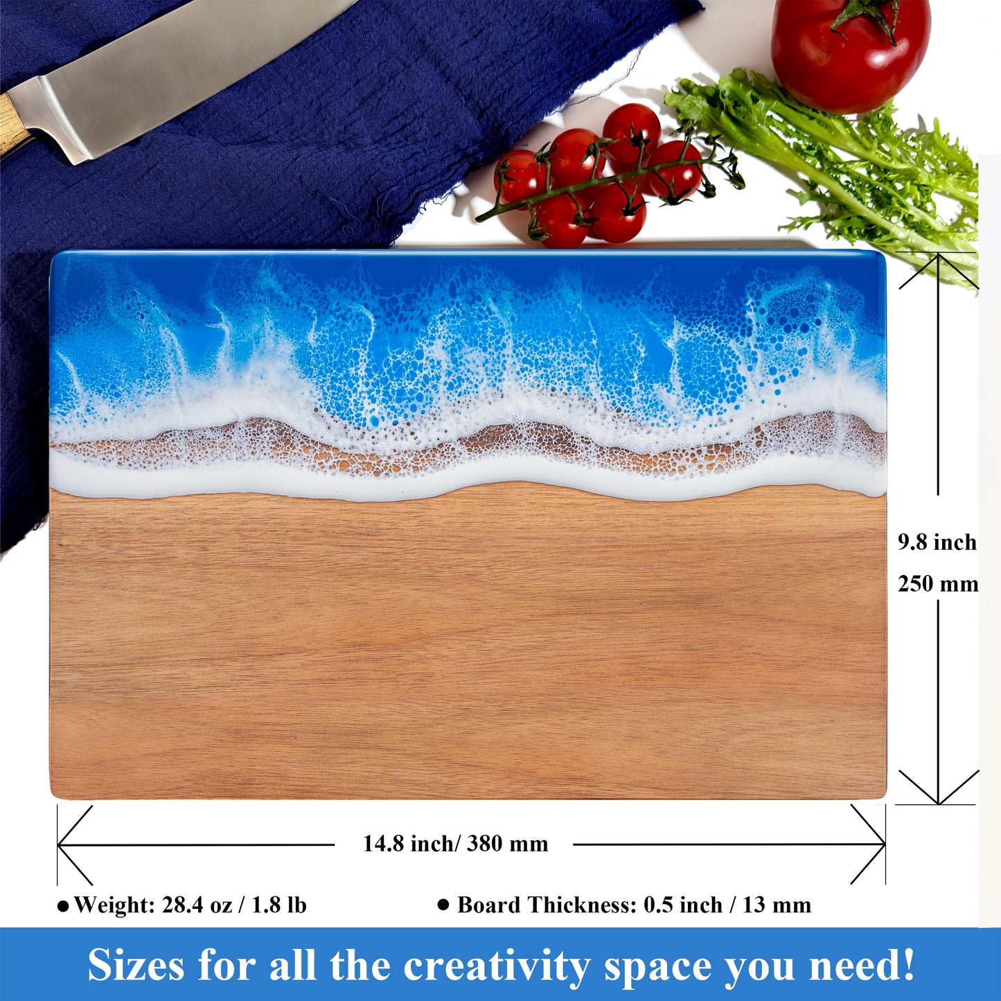LILKUISYN Handcrafted Acacia Wood Cutting Board Resin Blue Wave Pattern for Kitchen Meal Prep and Serving Versatile Cheese & Charcuterie Board for Meat Vegetable Fruit Gift 15x10 Inch