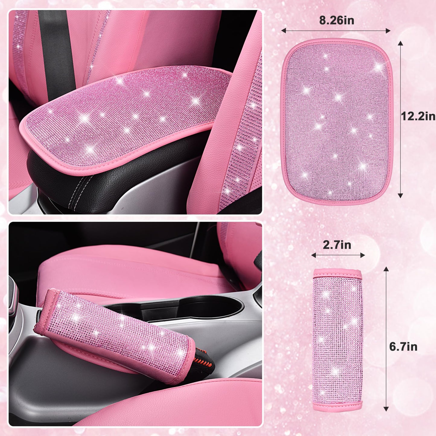 CAR PASS 24 PCS Pink Bling Diamond Accessories Set for Women, Leather Seat Covers, 15'' Steering Wheel Cover, Shining Rhinestone Sparkly Hooks, Coasters, Cute Interior Decorations
