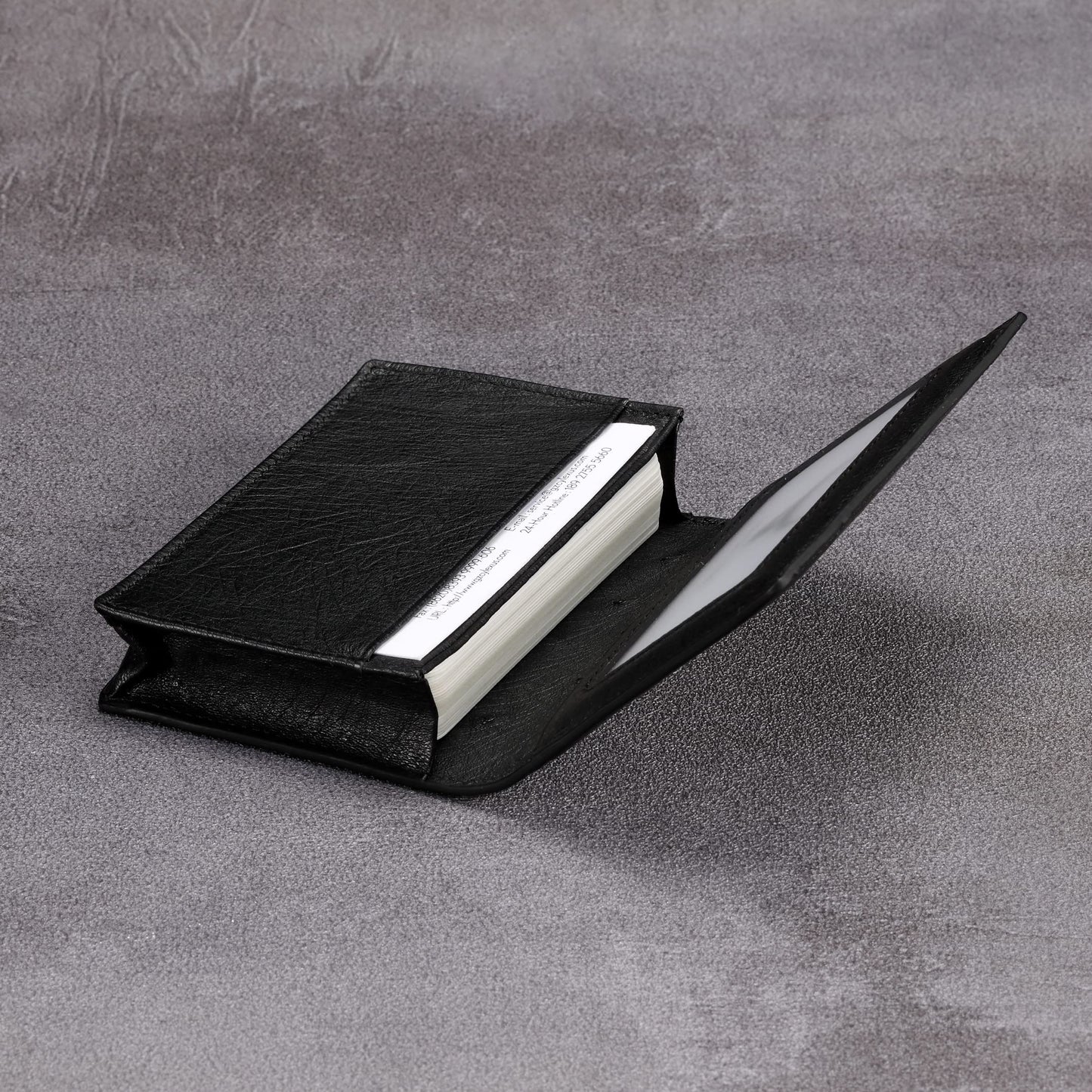 HISCOW Leather Business Card Case Holder for Men & Women, Italian Calfskin (Ostrich Black)