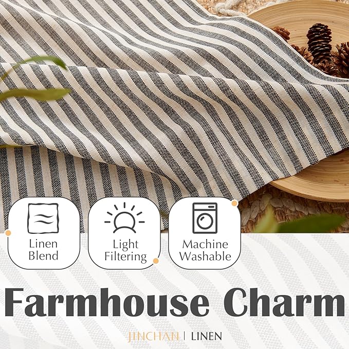 jinchan Striped Linen Kitchen Curtains 36 Inches Length Tier Curtains Farmhouse Modern Cafe Small Window Treatments Airy Light Filtering Rod Pocket for Living Room Bathroom 2 Panels Jet Black