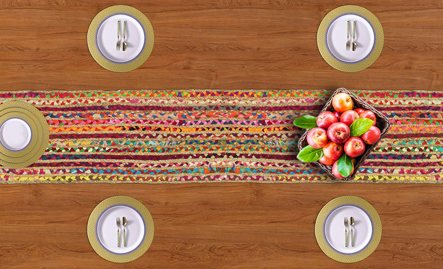 COTTON CRAFT Jute Chindi Table Runner - Braided Handwoven Reversible Tablerunner - Summer Fall Harvest Holiday Festive Party Boho Rustic Farmhouse Dining Kitchen Tabletop - 13 x 72 inch - Multicolor