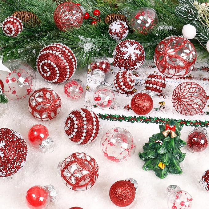 Super Holiday Christmas Ball Ornaments, 33PCS Red Clear Shatterproof Plastic Foam Ornaments Set for Hanging Xmas Tree Holiday Thanksgiving Party Decor.