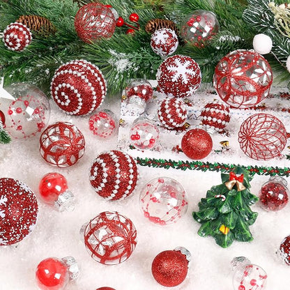 Super Holiday Christmas Ball Ornaments, 33PCS Red Clear Shatterproof Plastic Foam Ornaments Set for Hanging Xmas Tree Holiday Thanksgiving Party Decor.