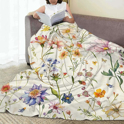 Garden Wildflowers Throw Blanket, Spring Blanket Throw for Adults, Lightweight Soft Cozy Blanket for Couch Sofa Bed Room Decor 50x60 Inches