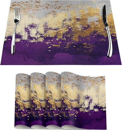 Purple Gold Abstract Linen Placemats Set of 4, Heat Resistant Wipeable Purple Place Mats for Kitchen Dining Table Holiday Wedding Party Outdoor Farmhouse Gardening, Kitchen Home Decor, 12 x 18 Inch
