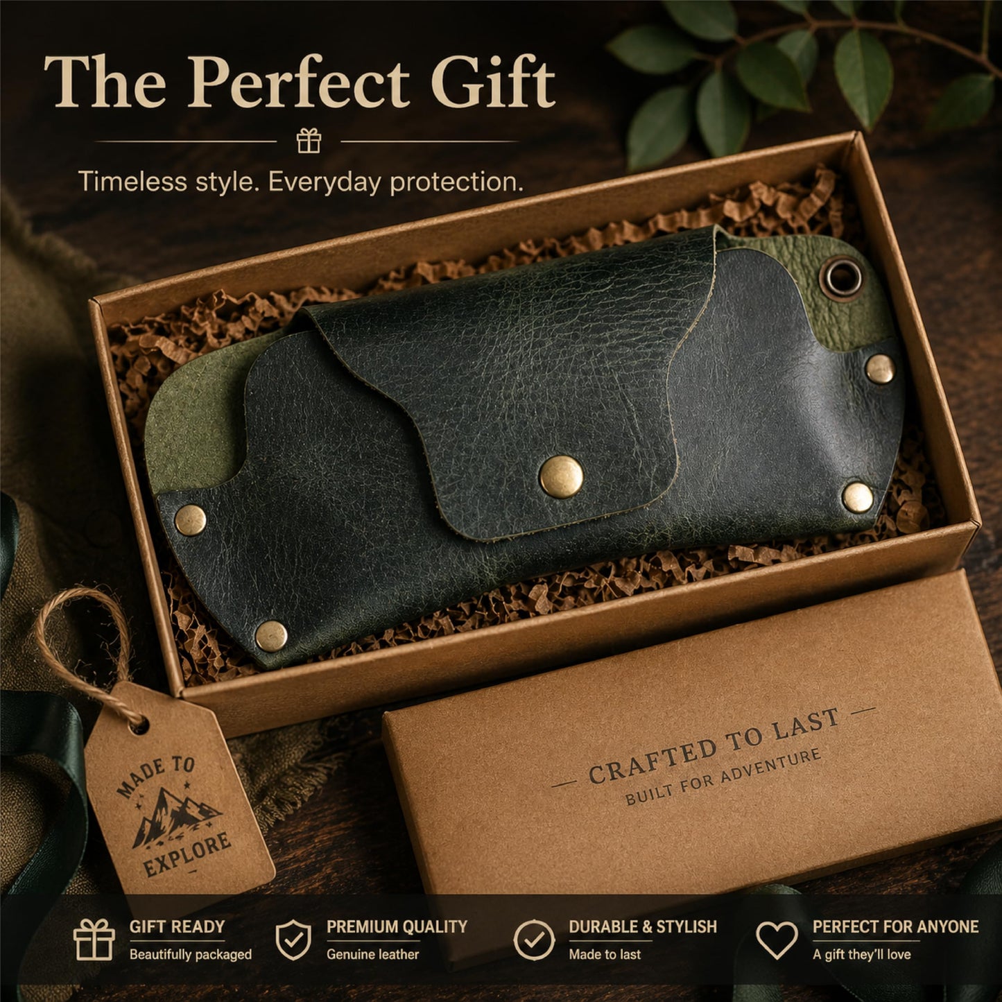 TheAntiq Green Leather Sunglasses Case with Lanyard - Handmade Eyeglass Holder with Snap Closure, Protective Travel Pouch for Glasses, Men & Women, 3 x 7