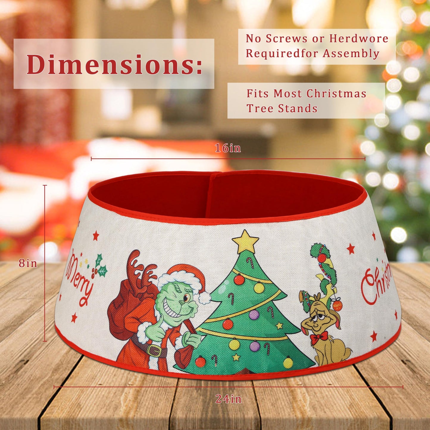 Christmas Tree Collar, 24" Christmas Tree Base Cover with Classic Pattern, Xmas Tree Decorations for Home Indoor, Linen (White)