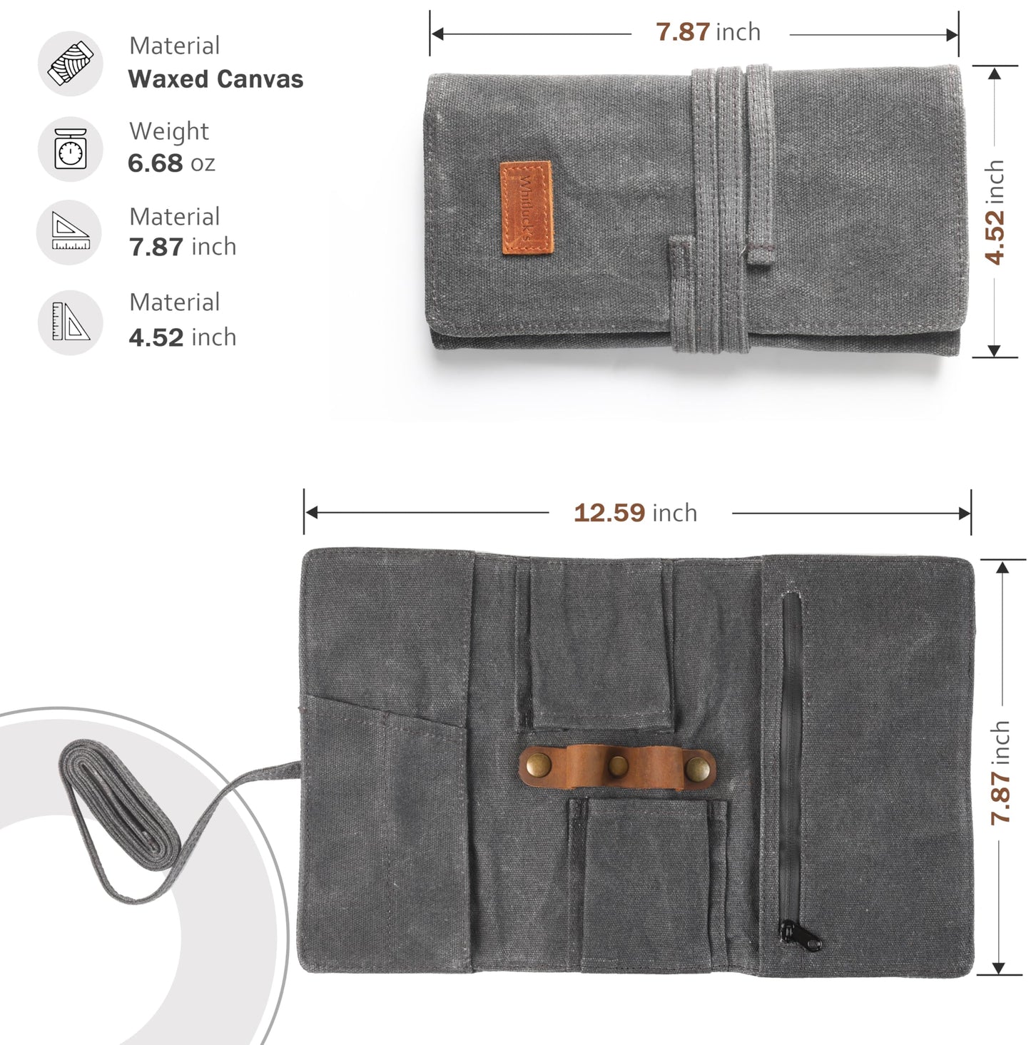 Whitluck's Waxed Canvas Tobacco Smoking Pipe Pouch with Leather Pipe Stand, Travel Pipe Case Bag for 2 Pipes and Other Accessories (Charcoal Grey)