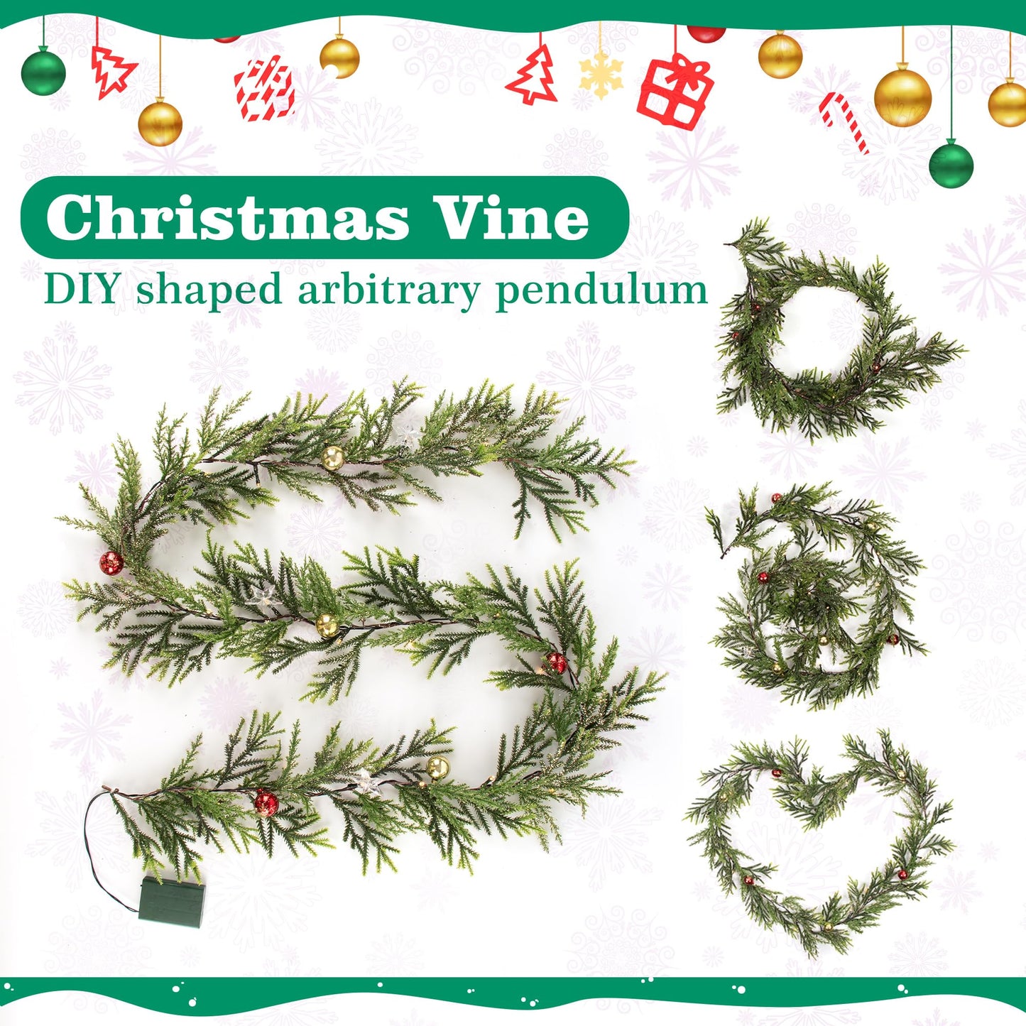 MINDELF 6 FT Artificial Christmas Garland, Faux Spruce Evergreen Garland with 20 LED Lights, Red Gold Ball Ornaments and Stars, Lighted with Timer, Perfect for Christmas Indoor Outdoor Decoration