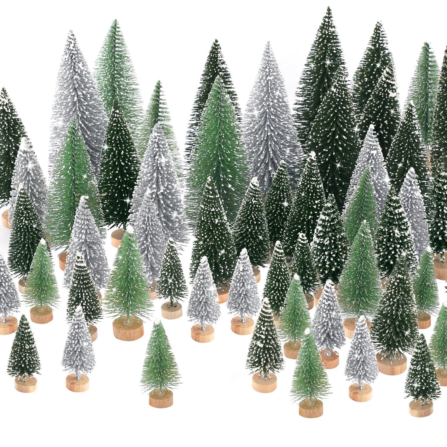 30Pcs Mini Christmas Tree Decor, Artificial Christmas Tree 5 Sizes,Mini Sisal Snow Frost Trees with Wooden Base for Christmas Decor Christmas Party Home Table Craft Decorations (A-Green/Silver)