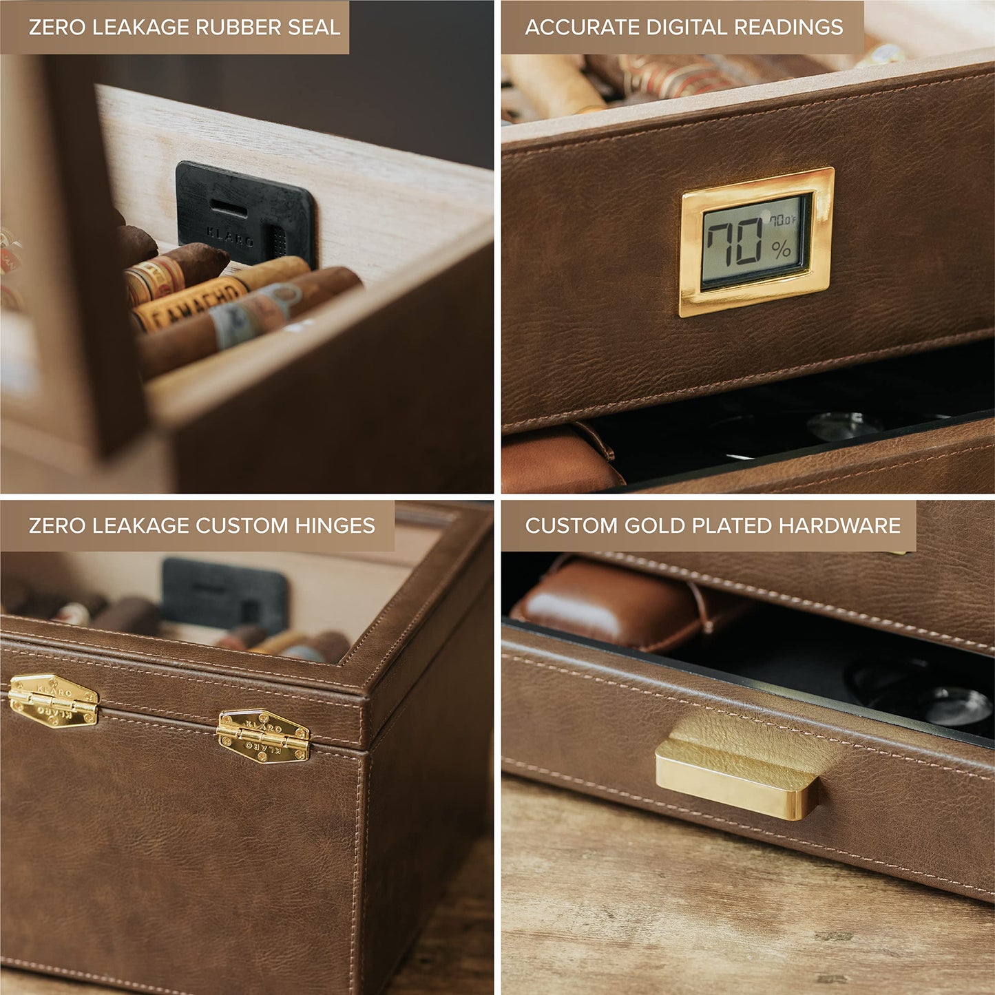 CASE ELEGANCE Belmont Glass Top Humidor Easy Humidification System, Thick Cedar, Accurate Digital Hygrometer, Leather Wrapped, Brown, Holds 30-60 Cigars