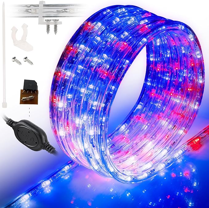 WYZworks 576LEDs 50ft LED USA Patriotic American Red White Blue Outside Rope Lights, Outdoor ETL Certified Waterproof Permanent 360 Degree Light, Flexible Tube, Connectable, Palm Tree Exterior