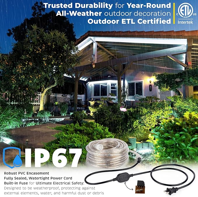 WYZworks 108LEDs 10ft LED Outside Rope Lights, Outdoor ETL Certified Waterproof Permanent 360 Degree Light Emitting, Flexible Tube, Connectable, Christmas Palm Tree Exterior Landscape, Cool White