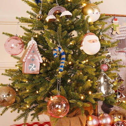 Alupssuc 65pcs Christmas Balls Ornaments Set, Shatterproof Plastic Baubles Gold Gingerbread House, and Tree Topper for Xmas Tree Holiday Wedding Party Decorations with Hanging Strings, Macaron Pink