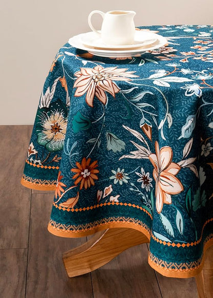 Maison d' Hermine Table Cloth Round Table 100% Cotton 63 Inches Fall Tablecloth Reusable Everyday Use for Thanksgiving Christmas Decorations Dining Farmhouse Party (Luxury Loft - Dark Teal)