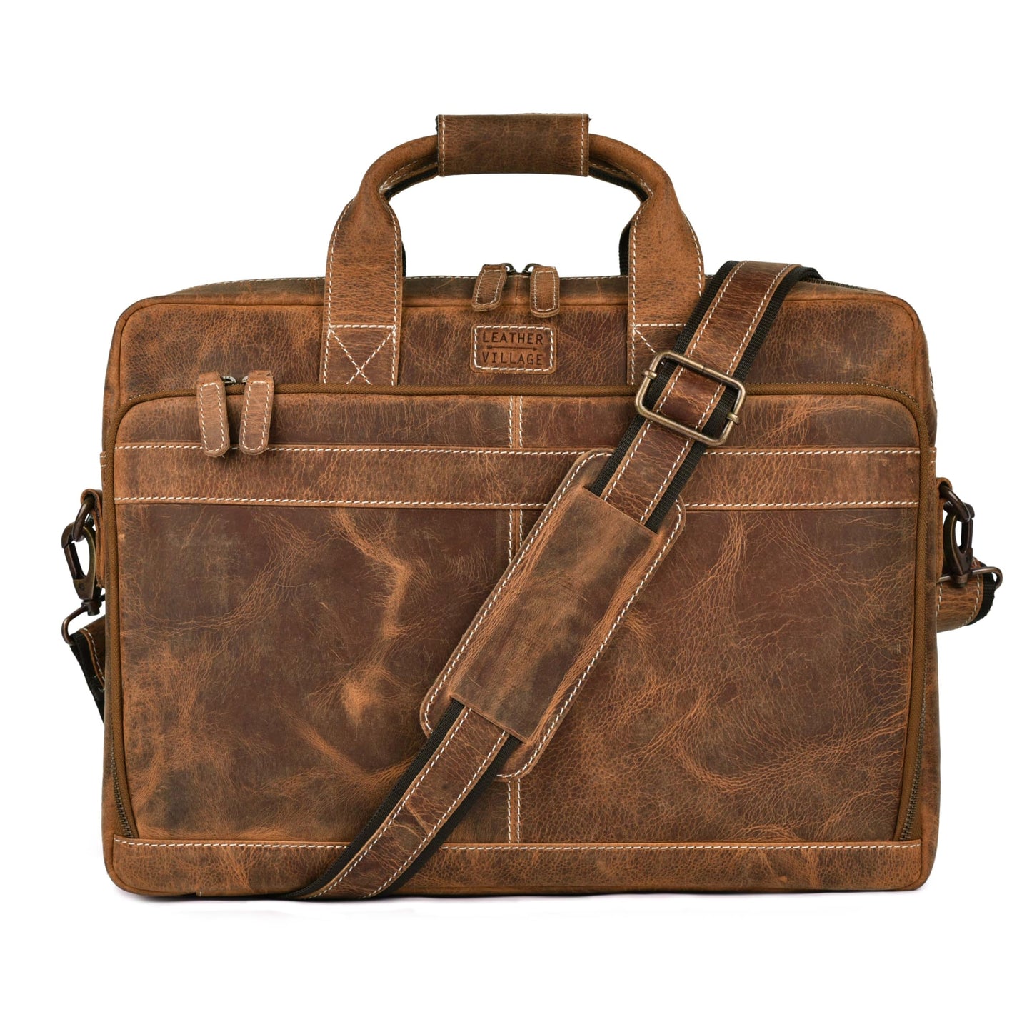 LEATHER VILLAGE 18" Leather Laptop Messenger Briefcase Bag for Men-Leather Satchel for Travel and Office Shoulder Bag- Sun Tan Brown