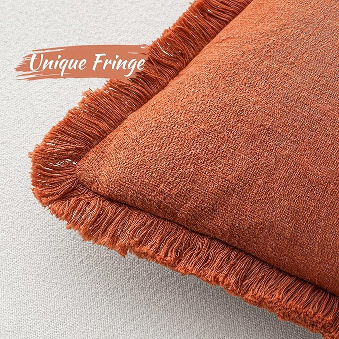 MIULEE Fall Decorative Throw Pillow Covers Neutral Linen Fringe Throw Pillows Set of 2 Burnt Orange Boho Farmhouse Cushion Covers with Tassels for Couch Sofa Bed Living Room Home Decor 18x18 Inch