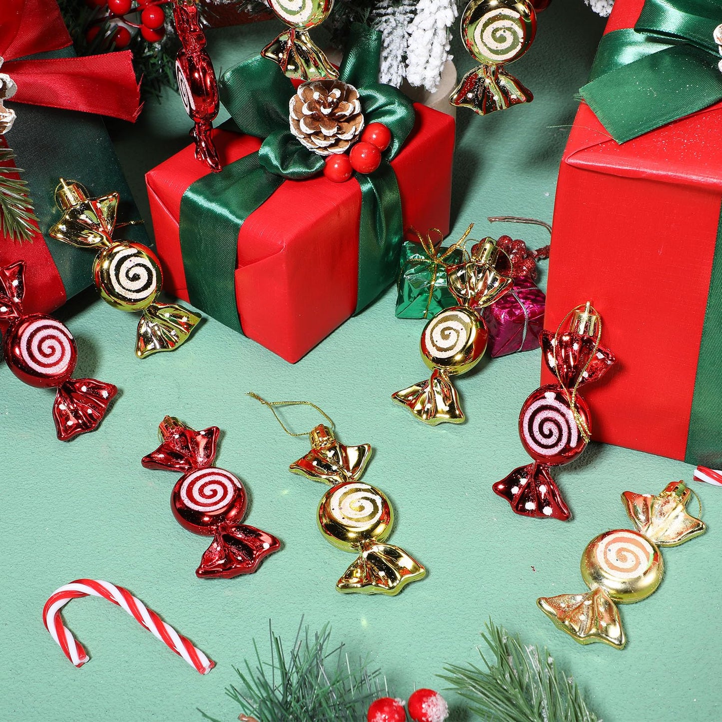 Threan 12 Pcs Christmas Candy Ornaments for Tree Decoration Hanging Glitter Candy Cane Christmas Peppermint Ornament with Golden Rope for Xmas Holiday Decoration(Red, Gold,Plastic)