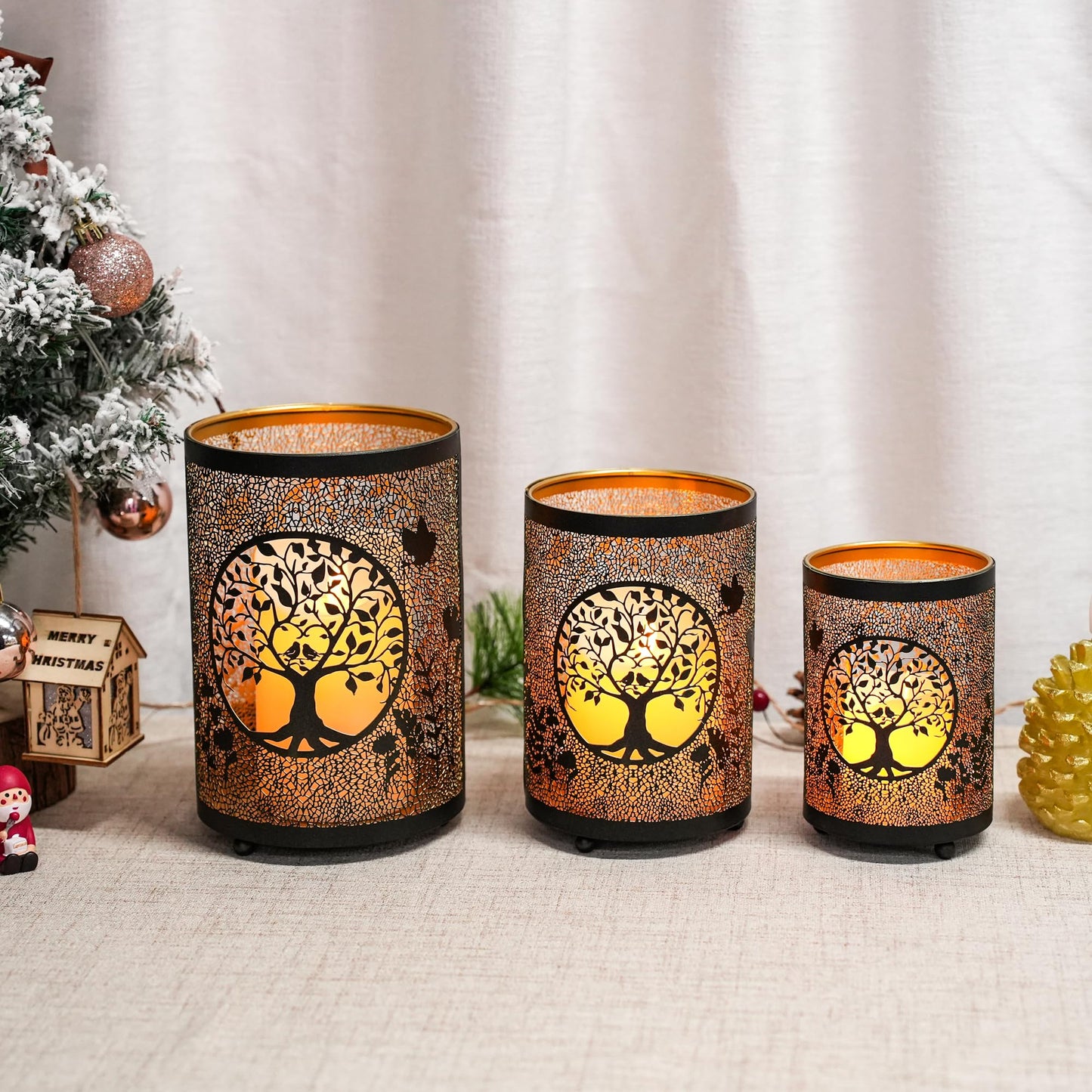 TRIROCKS Tree of Life Candle Lantern 7.5" H Etched Bronze Metal Candle Holder Decorations for Living Room Tabletop Parties Patio Entryway Indoors Outdoors(3PCS)