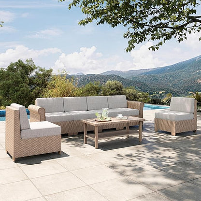 HERA'S HOUSE Patio Furniture Set 7 Pieces, Outdoor Sectional Wicker Sofa with 44" Coffee Table All Weather 6 Seats, 5.5" Thick Waterproof Cushion Modular Conversation Set for Garden Deck Backyard