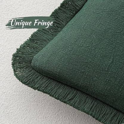 MIULEE Christmas Decorative Throw Pillow Covers Neutral Linen Fringe Throw Pillows Set of 2 Army Green Boho Farmhouse Cushion Covers with Tassels for Couch Sofa Bed Living Room Home Decor 18x18 Inch