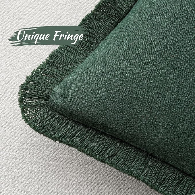 MIULEE Christmas Decorative Lumbar Throw Pillow Covers Neutral Linen Fringe Throw Pillows Set of 2 Army Green Boho Farmhouse Cushion Covers for Couch Sofa Bed Living Room Spring Home Decor 12x20 Inch