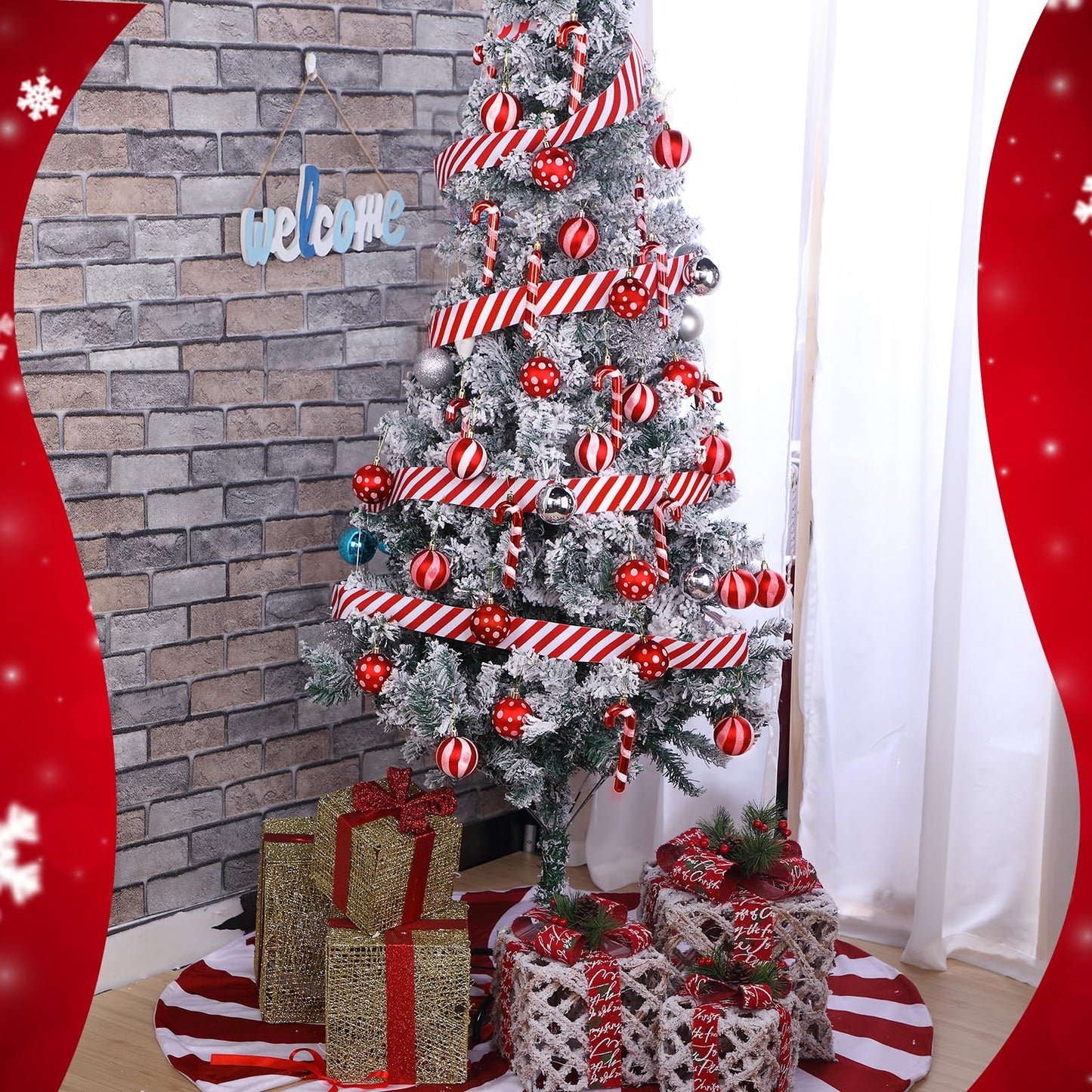 Shappy 38 Pcs Christmas Tree Ornaments Sets, Candy Cane Red White Stripes Xmas Tree Hanging Decorations, Plastic Xmas Ball Variety Shapes with Ribbon New Year Holiday Party Supplies(Cute,39.4'')