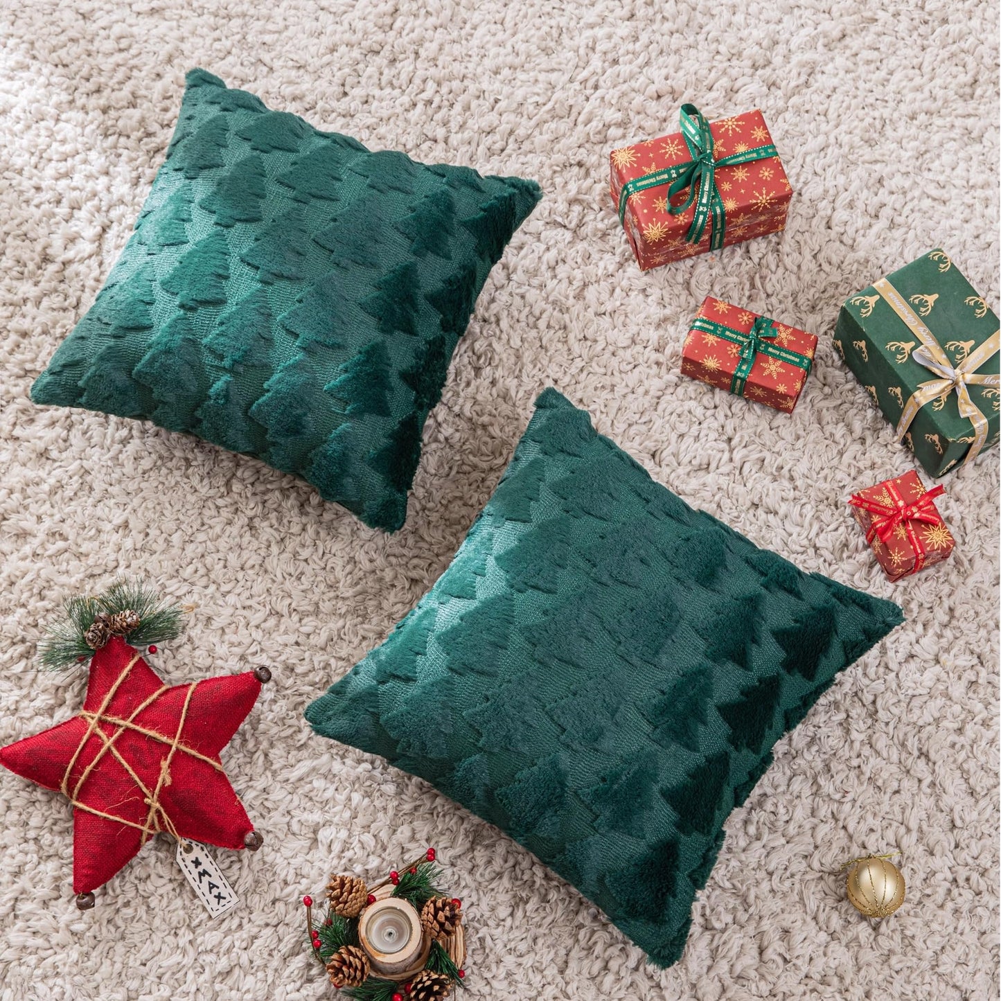 AQOTHES Set of 2 Christmas Tree Green Throw Pillow Covers 18x18 Inch, Soft Faux Fur Green Decorative Xmas Throw Pillows for Couch Sofa Holiday Winter Decor