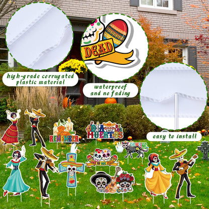 Amyhill 12 Pcs Day of the Dead Yard Decorations Halloween Outdoor Signs Decorations Dia De Los Muertos Decor Sugar Skull Sign Waterproof Mexican Fiesta Festival Party Supplies for Garden Lawn Patio
